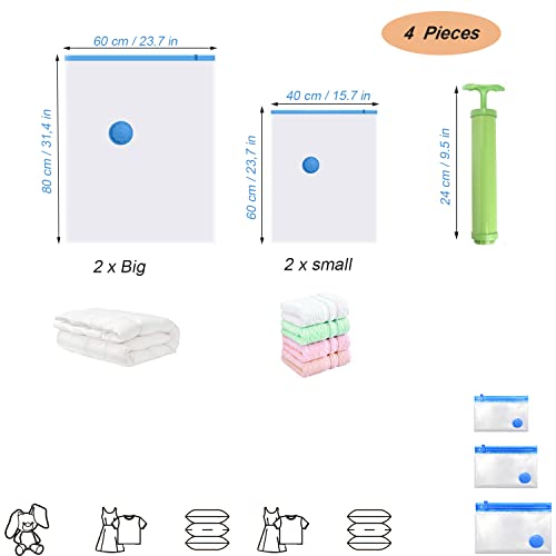 Vacuum Bags, Reusable Storage Bags, With Hand Pump, 4 PCS, Transparent, 80x60 cm, 60x40cm - Image 2