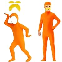 Orange Bodysuit Yellow Mustache and Eyebrows Funny Halloween Costumes For Kids 2025 Kid's Full Body Suit Onesie and Self Adhesive Fake Beard Mustaches Bushy Eyebrows Set Morph Cosplay 11-12 Years
