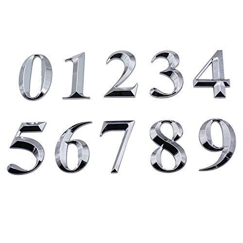 Set of 10 Pcs Mailbox Numbers, 2.75 inch Self Sticker Address Numbers 0-9, Adhesive House Numbers for Apartment, Hotel, Door, Room Waterproof, 3D Shiny Silver Numbers