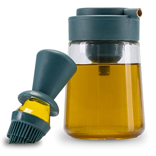 Fino Casa Botella de aceite 3en1 con cepillo y vertedor, dispensador de aceite para dosificar pulverizador de aceite con cepillo de silicona, botella de cristal, 350 ml, aceite o vinagre