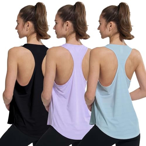 Image of YUSHOW Workout Gym Tops for Women UK Loose Fit Mesh Tank Top 3 Pack Quick Dry Breathable Sleeveless Vests for Running Yoga Fitness, Racerback Sports Activewear Active Top
