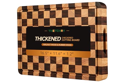 Image of THETCHRY Cutting Boards for Kitchen, Checkered Cutting Board Thickened, Walnut & Rubber Wood Chopping Board with Juice Groove & Handle, Double-sided Butcher Block with Gift Box, 16.5 inch x 11.6 inch x 1.2 inch