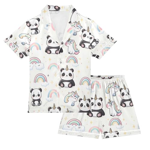 ALAZA Cute Panda Unicorn Rainbow Pajamas Satin Pajama Set Short Sleeve Button Down Sleepwear