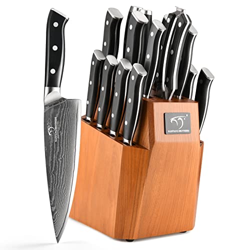 Kitchen Knife Set, 18Piece Damascus Kitchen Knife Set with Block, ABS