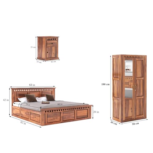 Image of SONA ART & CRAFTS Kuber Solid Sheesham Wood Bedroom Set | Queen Size Bed with Box Storage, Wardrobe & Two Bedside Tables - Natural Finish (Assembly Included)