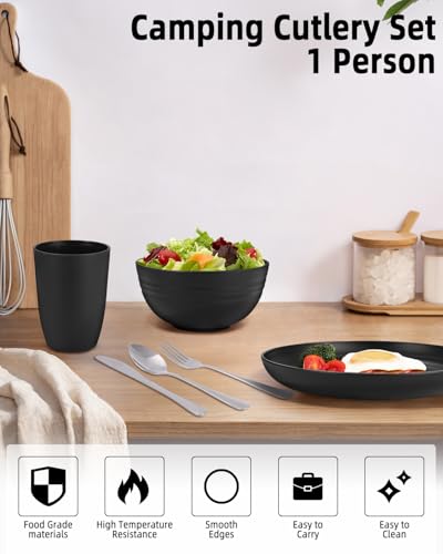 Camping Besteck Set, Camping Geschirr Schwarz, Edelstahl-Besteck, wiederverwendbarer Leichter Becher, spülmaschinenfest mit Becher, Schüssel, Teller und Tasche, Ideal für Outdoor, Picknick und Reisen