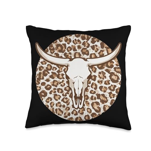 Western Cow Skull Steer Bison Buffalo Bull Horned Leopard Throw Pillow