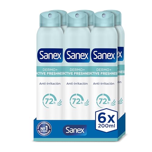 Desodorante Anti-transpirante Sanex Dermo Active Freshness Spray Pack 6 x 200ml | Hasta 72h de protección contra el sudor y el olor | Protección antimanchas | Restaura el pH natural de la piel