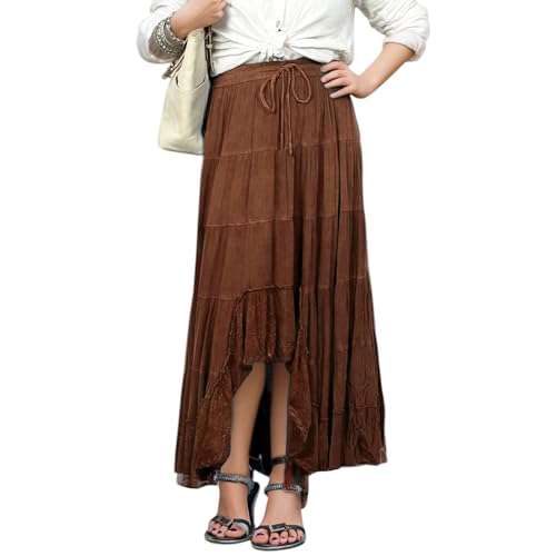 Agan Traders Women's 2025 Spring Peasant Tiered A Line Flared High Low Elastic Waistband Flowy Long Maxi Skirt4