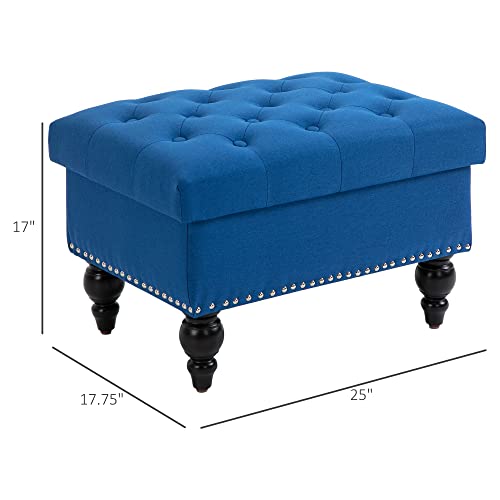 Homcom 25" Storage Ottoman With Removable Lid, Button-Tufted Fabric Bench For Footrest And Seat With Wood Legs, Blue #TOP2