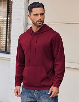 COOFANDY Men's Waffle Knit Hoodie - Long Sleeve Pullover With Drawstring, Wine Red, Large, Casual Wear
