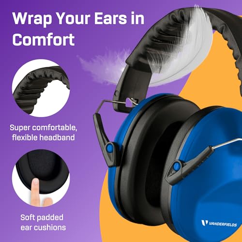 Vanderfields Premium Hearing Protection Ear Muffs - Broad Spectrum Sound Reduction 33.2dB at 2K Hz Noise Cancelling - Headset Safety Noise Cancellation - Headphones Adults and Teens - Blue Sky