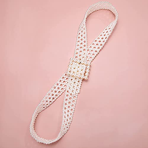 Barry.wang Wide Belt For Women Fashion Wedding Sash Dress Pearls Belt Square Buckle Elastic Waist Chain #TOP3