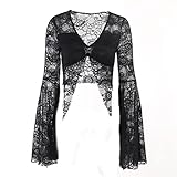 Women's Lace Crop Top Goth Flare Sleeve Lacy Shirt V-Neck 70s Sheer Mesh Fairy Grunge Emo Alt Black Tops