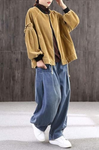 ebossy Women's Denim Harem Pants Elastic Waist Pleated Wide Leg Baggy Jeans