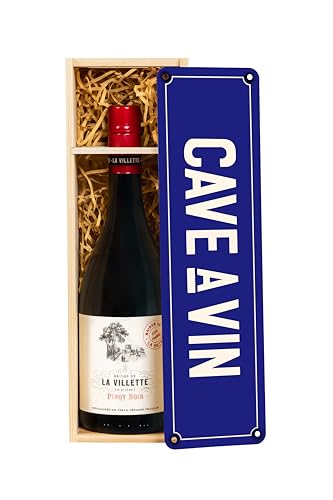 La Villette Pinot Noir 750ml in Elegant Wooden Box - 'Cave a Vin' with Metal Lid - Decorative Wall Sign, Red