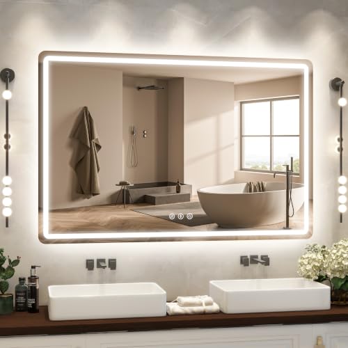 Image of Led Bathroom Mirror with Lights, Anti-Fog & Tri-Color Lighting - Wall Mounted Shaving Mirror with Touch Sensor, Waterproof Smart LED Vanity Mirror Tempered Glass Dimmable 60 inch x 40 inch