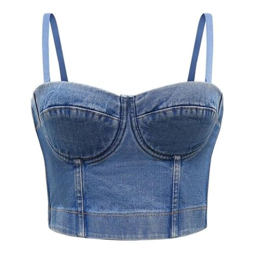 Stylish Junior Girls Denim Crop Top with Shoulder Straps - Polyester Cotton Spandex Blend, Figure-Enhancing Fit