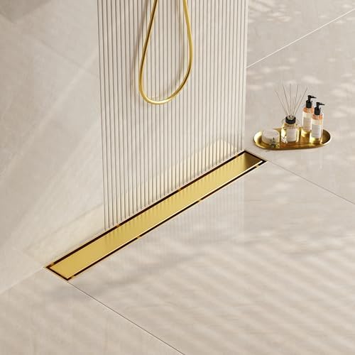 Neodrain 18-Inch Gold Linear Shower Drain, 2-in-1 Flat & Tile Insert Cover, Stainless Steel Linear Drain, Brushed Brass Rectangle Shower Floor Drain with Hair Strainer, Watermark&CUPC Certified