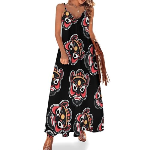 Chinese Beijing Opera Facial Mask Oriental Womens Summer Spaghetti Strap Maxi Dresse Beach Vacation Sling Sundress 2XL