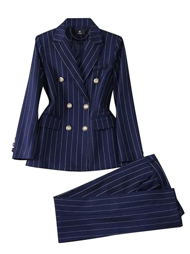Women's Pinstripe Business 2 Piece Office Lady Work Suit Set Slim Fit Blazer and Pants Outfits