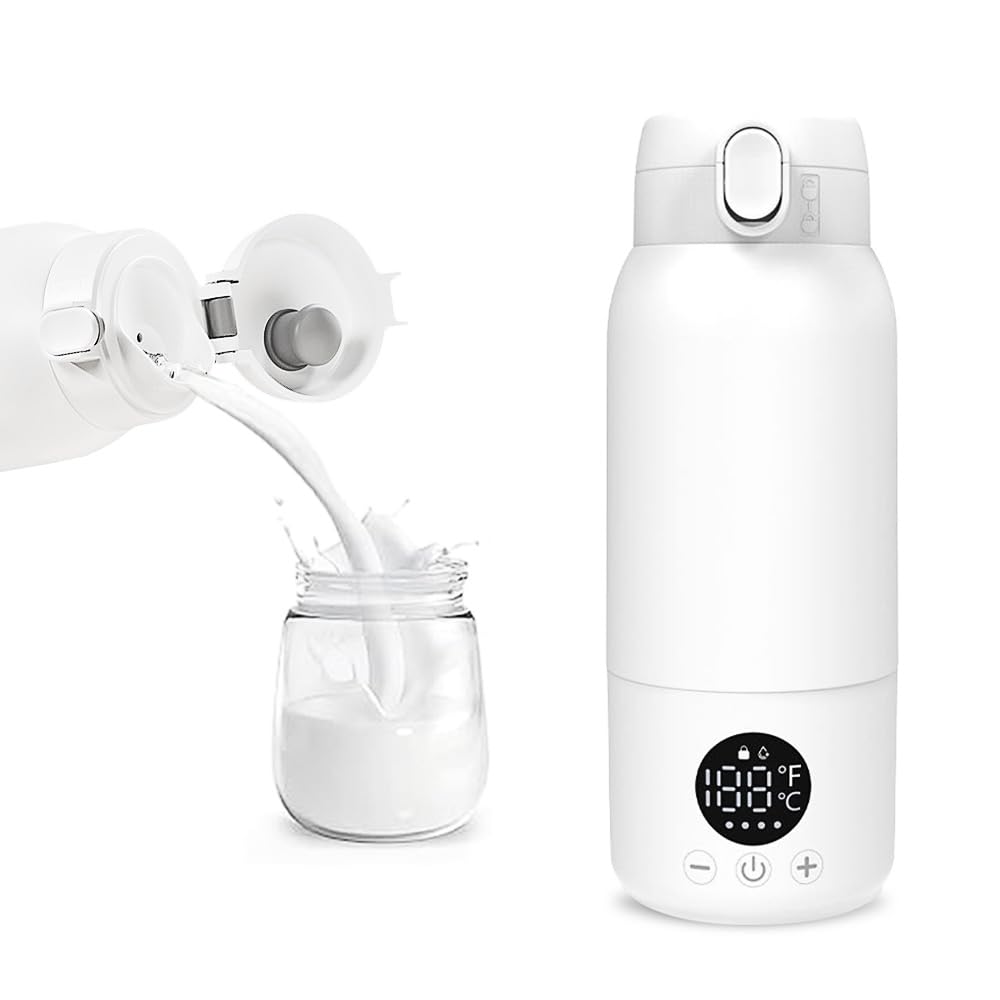 Chauffe-biberon portable de 500 ml - Chauffe-biberon pour bébé en déplacement, chauffe rapidement le lait maternel et l'eau, réglable de 35 à 70 degrés, rechargeable par USB (blanc)
