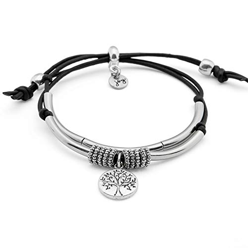 Nature 2 Strand Adjustable Black Leather Stainless Steel Charm Bracelet w Tree of Life Charm