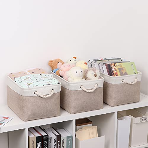 Bidtakay Baskets Large Fabric Storage Bins With Handles [3-Pack] Collapsible Storage Basket For Shelves 15 X 11 X 9.5 Inches Canvas Bins For Storage Closet Organization (White&Beige) #TOP4