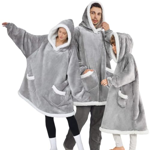 TOUVE Sweat à Capuche Surdimensionné Épaississant, Sweat Plaid Polaire Chaude Sherpa Couverture avec Manches Et Poche, Pull Plaid Homme Femme Adapté aux Adultes, Hommes, Femmes, Adolescents (Gris)