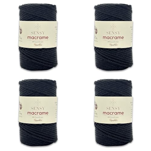 S Sensy 5mm Sparkle-Premium Polypropylene Macrame Cord 4 Pack Black Sparkle