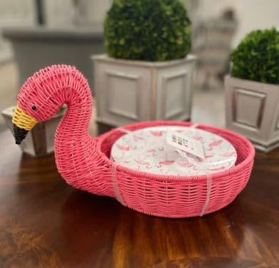 Flamingo Wicker Serving Basket 16 x 9 x 9 inch with 4 Mellamine Plastic 8 inch Salad Bread Plates Great for Summer Outdoor Serving and Picnics
