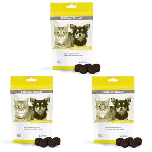 Alfavet FeliGum Struvit | 3er Pack | 3 x 160 g | Ergänzungsfuttermittel für Katzen und kleine Hunde | Zur Erhaltung eines gesunden pH-Wertes im Harn | Enthält DL-Methionin