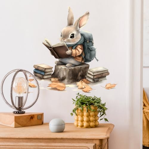 Vinilo decorativo de pared con conejo leyendo, removible y resistente al agua miniatura 3