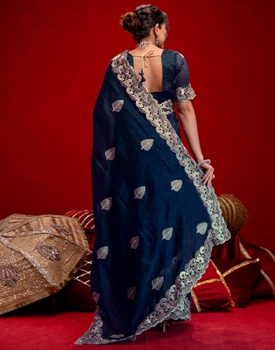 Image of SIRIL Women's Shimmer Chiffon Sequence Embroidery Saree With Unstitched Blouse Piece for Wedding and Parties