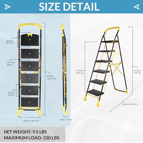 Image of Parasnath 6-Step Yellow Diamond Steel Foldable Ladder | Wide Anti-Skid Plastic Steps for Extra Grip, 6.2 FT Step Ladder, 6-Year Manufacturer Warranty, Made in India