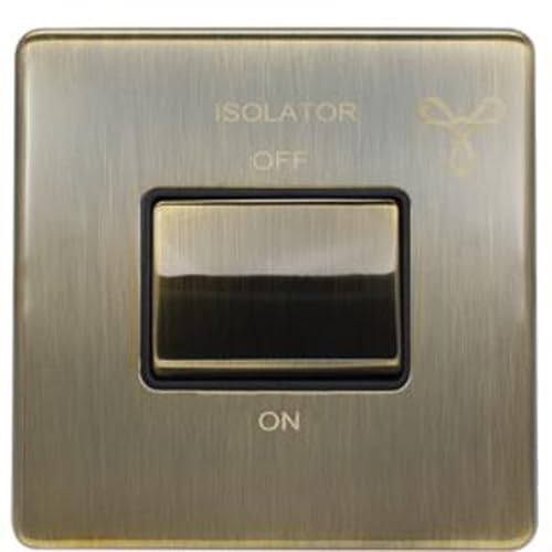 SCREWLESS 6A Extractor Fan Isolator Switch ANTIQUE BRASS 3 Pole Shower Plate - 230V Bathroom Wetroom Fan Switch Wall Plate