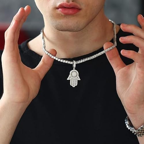 NOBYLO 14K Gold Plated Micro Full Iced CZ Out Hamsa Hands Pendant with 24" Franco Chain Necklaces For Men Women Hip Hop Zircon Hamsa Necklace (white gold) — view 2