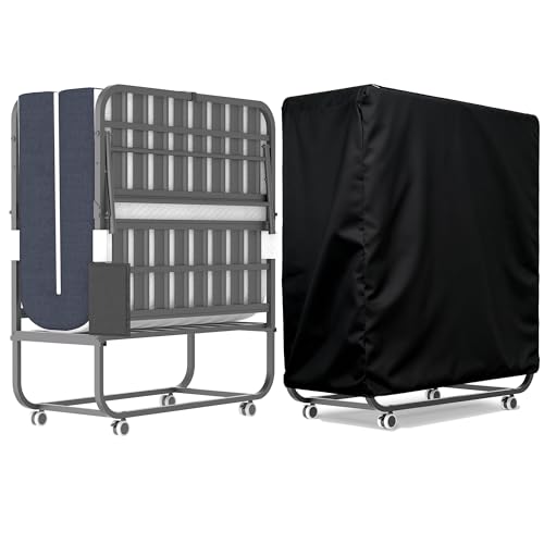 IKIMI Folding Bed with Mattress for Adults 96x190cm Portable Roll Away Beds with Wheels Thick Memory Foam Mattress Foldable Bed & Mattress Set for Guest Hideaway Metal Rollaway Bed Frame Space Saving
