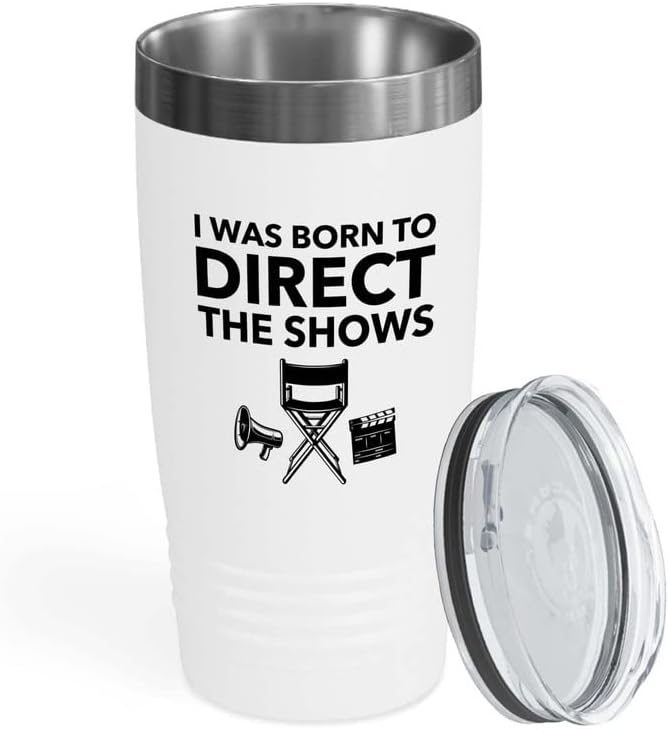 Filmmaker White Tumbler 20oz - I was born to direct - Filmmaker Gifts Camera Lens Cut Prop Director Movie Film Scriptwriter