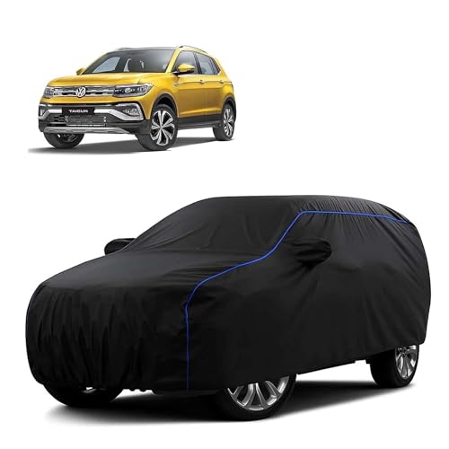 Image of Sulfar 100% Water Resistant Car Body Cover Compatible with Mirror for Volkswagen Taigun (Triple Stitched, Full Bottom Elastic, Black Tafetta with Blue Piping)