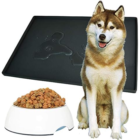 Gosmol Dog Food Mat 24 x 16 inch, 0.5 inch Raised Edge Waterproof Pet Dog Food Tray, Washable Dog Bowl Mat, Nonslip Pet Dog Feeding Mat, Silicone Dog Placemat for Floors Cover