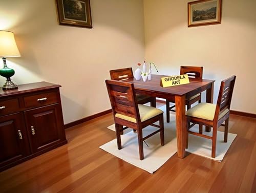 Image of Sheesham Wood Oval Dining Table with Cushion Chairs Set for Home Hall | Solid Wood Dinner Table with Chairs for Hotels | Dining Room Sets (Natural Finish 2, 4 Seater)