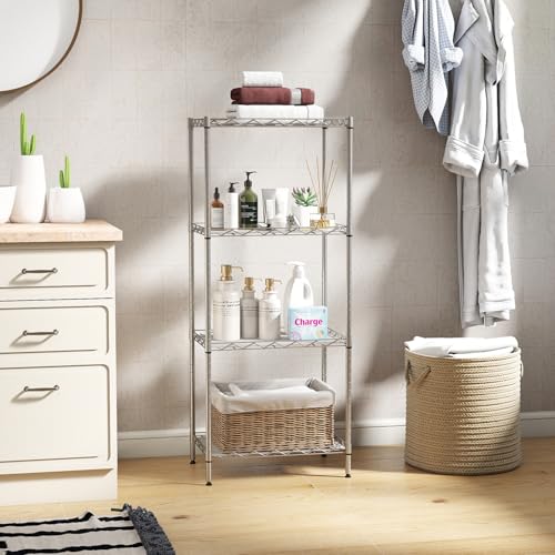 Image of BestOffice | 4-Tier Wire Storage Shelves | 12 inchD x 18 inchW x 44 inchH | Chrome | with Adjustable Racks PP Liners | Compact Metal Shelf, Holds Upto 600 lbs | Ideal for Kitchens Closets Bathrooms Small Corners