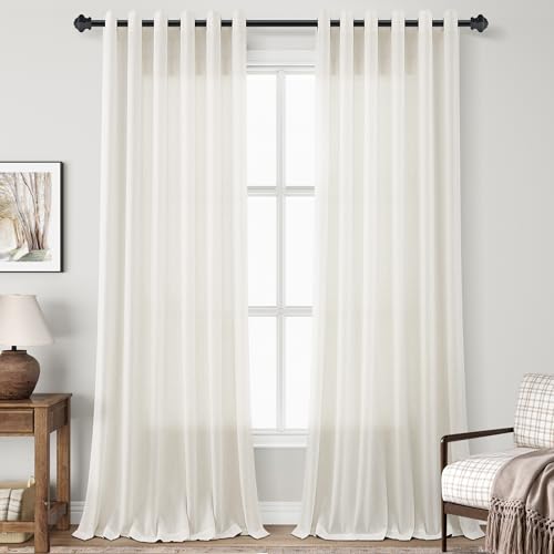 Image of Extra Wide Cream Linen Grommet Curtains 96 Inches Length 8FT for Living Room Sliding Glass Door Ivory Semi Sheer Curtain Light Filtering Drapes Floor to Ceiling Length 2 Panel Decor Natural 70x96
