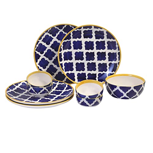 Image of Morrocan /Umrao Hand-Painted Ceramic Dinner Set (9 Pieces, 4 Bowl & 4 Plates and 1 Large Serving Bowl Dishwasher & Microwave Safe) Yellow