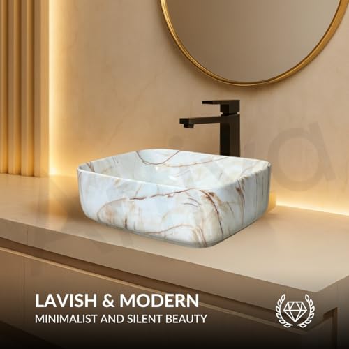 Image of Artiva Ceramic Wash Basin /Tabletop Washbasin For Bathroom,12 inchx16 inch /Small Countetop Bathroom Basin /Table Top Basin For Home,Office,Hotel /Rectangle Glossy Sink (Marbo-Beige,12x16 Inch)