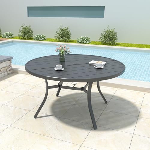 Image of Anmutig 7-Piece Outdoor Dining Set 6 Stackable Sling Chairs & 54 inch Round Table with Umbrella Hole All Weather Furniture Set for LawnDeckBackyard - Beige White Fabric