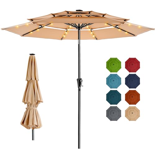HOMSHADE 9FT 3-Tier Solar Patio Umbrella Heavy Duty, Vented Market Table Umbrella Windproof with 32 LED Lights, UPF50+, 5-Year Fade Resistant, 8 Thicker Ribs for Pool, Lawn, Garden, Deck (Beige,No Base)