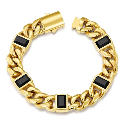 Pulsera Cuban Link 18K Oro 12mm con Onyx Negro 8in miniatura 1