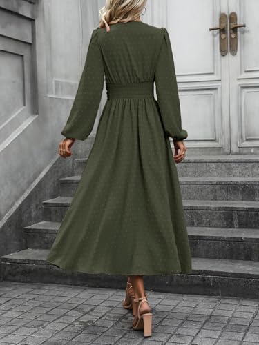 Mettclasi Women's Spring Fall Swiss Dot V Neck Maxi Dress Casual Puff Long Lantern Sleeve A-Line Flowy Dress3